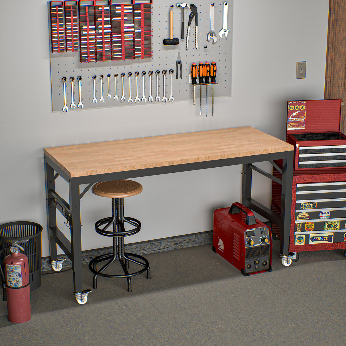 60 inch adjustable garage workbench, rubber wood heavy-duty workstation with power socket and wheels, 2000 pound load capacity - V.I.P Digital Presence