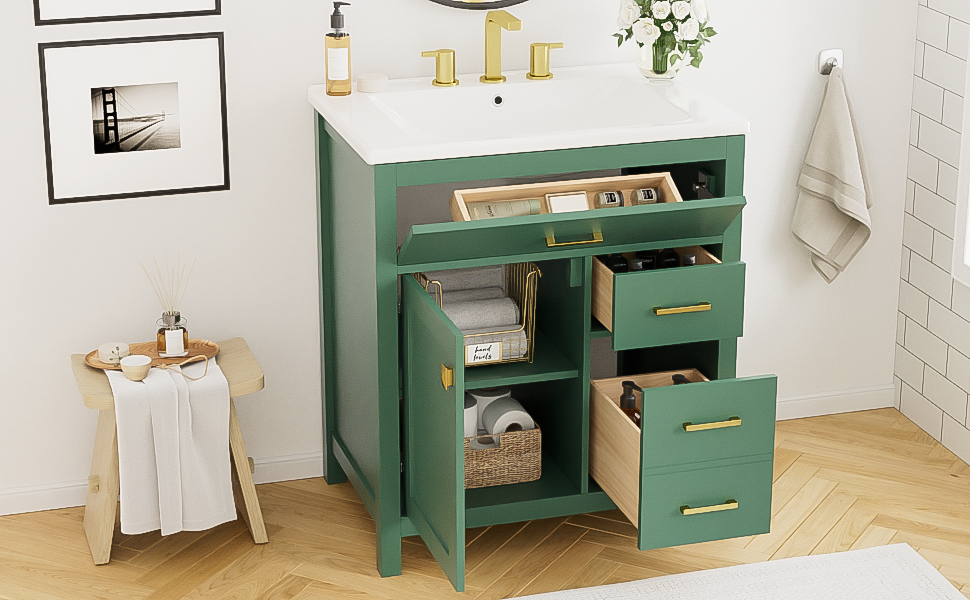 30-Inch Green Bathroom Vanity with Ceramic Sink and Ample Storage - Ideal Choice for Small Bathrooms - V.I.P Digital Presence