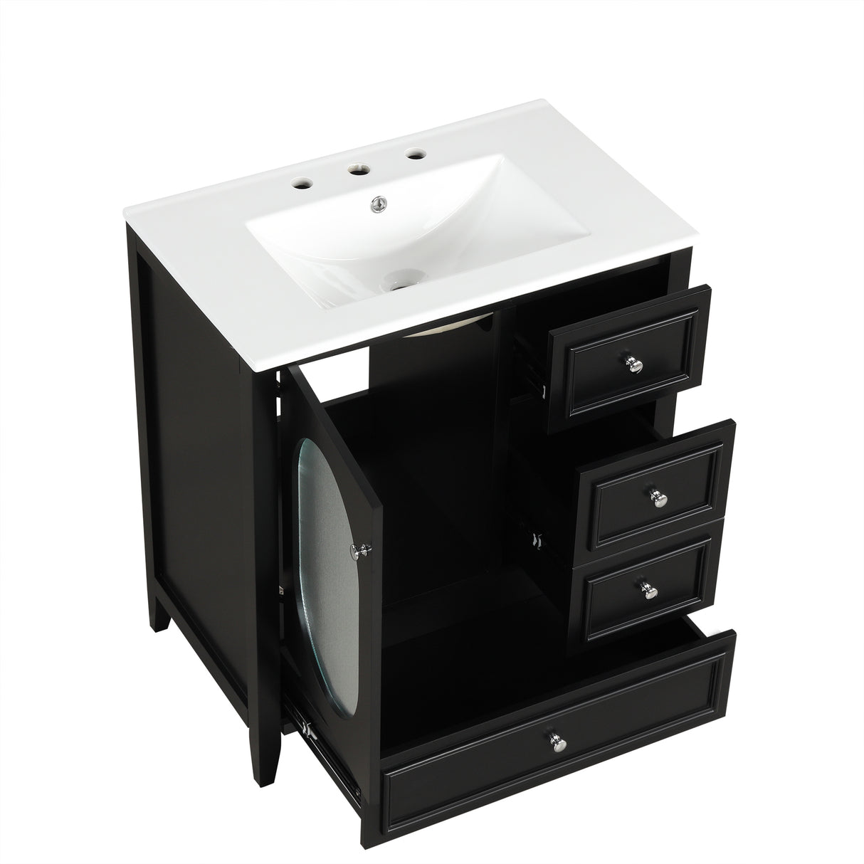 30" Bathroom Vanity with Sink, Bathroom Vanity Cabinet with Three Drawers and Door, Solid Wood and MDF, Black - V.I.P Digital Presence