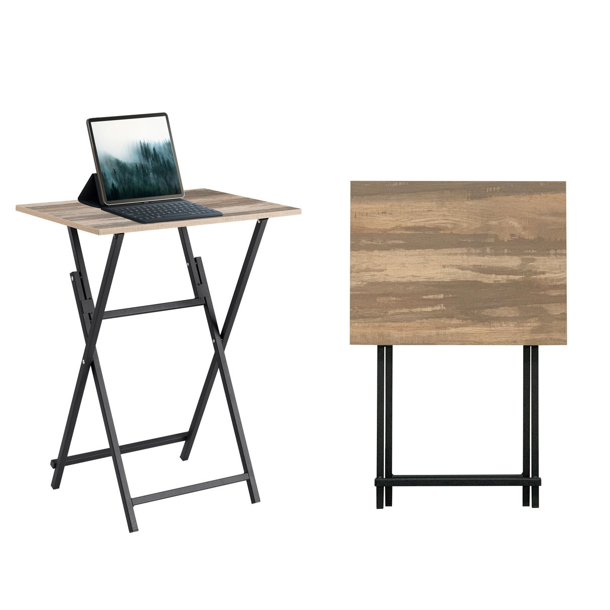 2-piece folding TV tray table without assembly, portable sofa side table, brown and black - V.I.P Digital Presence