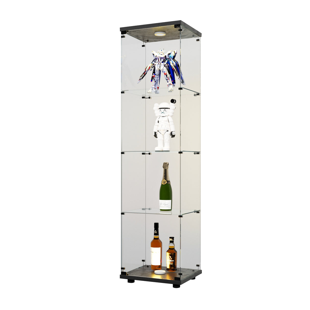 4 LED light glass display cabinets with door shelves, floor standing antique bookshelf, 64.7 "* 16.7" * 14.3 ", black - V.I.P Digital Presence