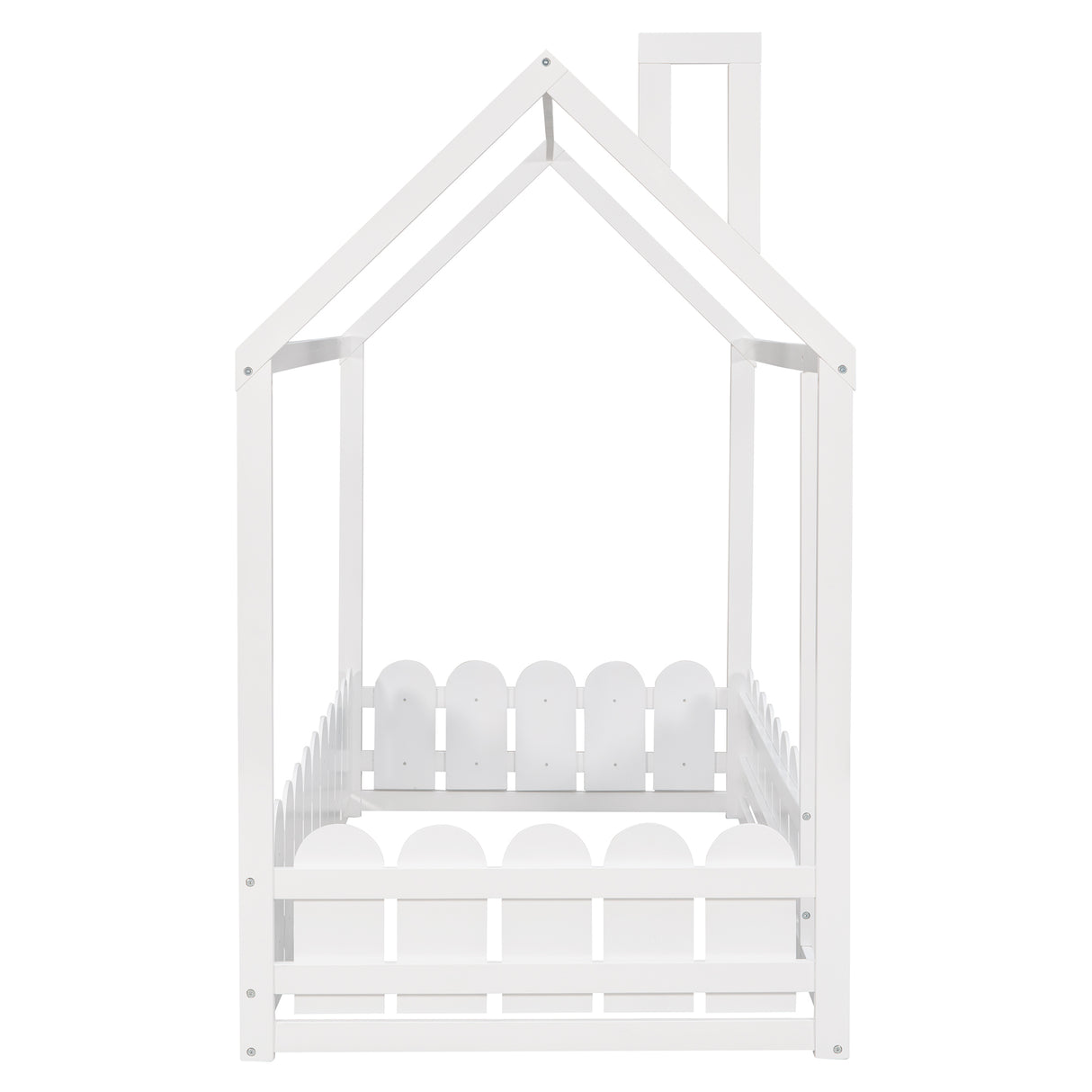 {Slats are not included}Twin Size Wood Bed House Bed Frame with Fence for KidsTeens Girls Boys {White}