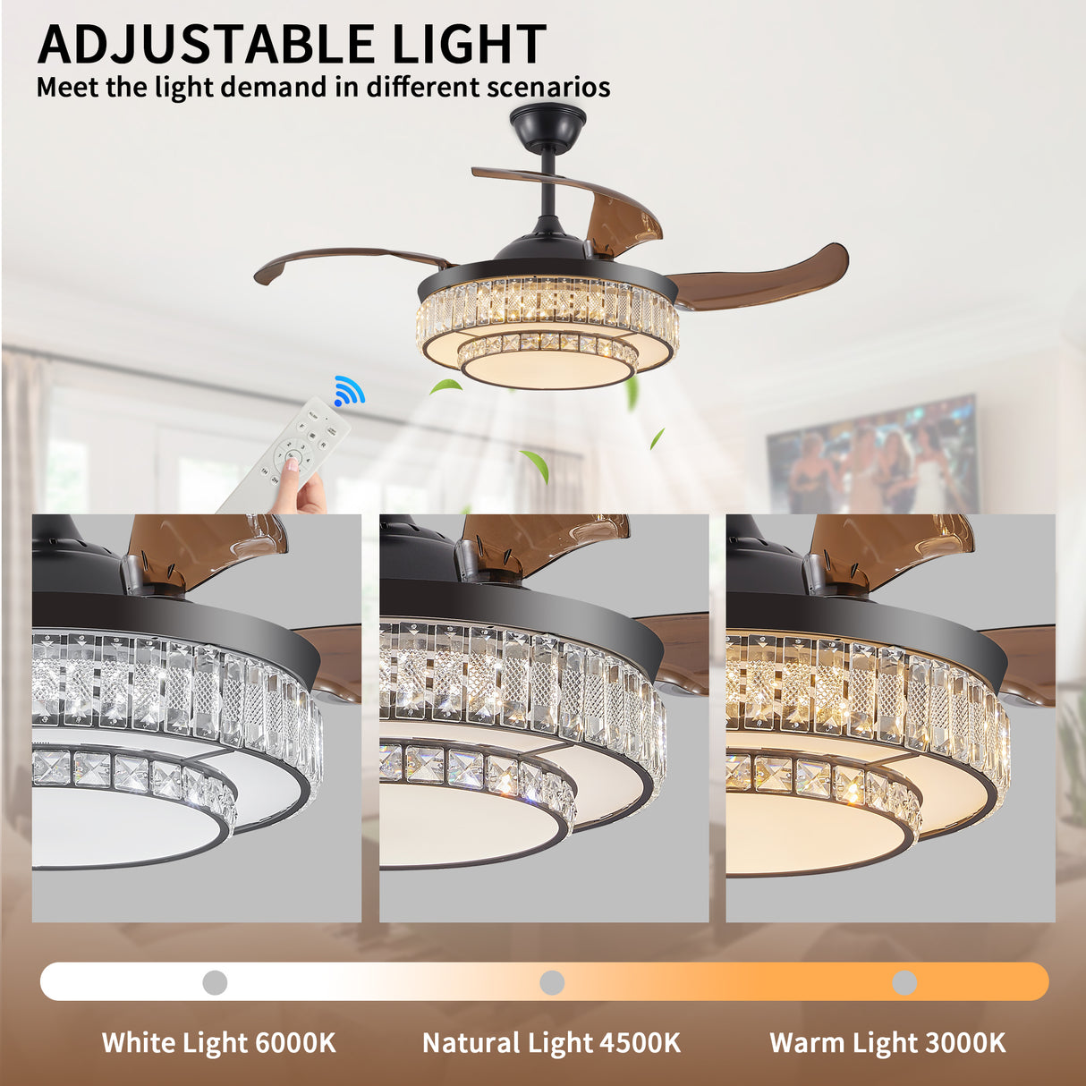 Modern LED retractable ceiling fan with lighting and remote control, silent reversible motor, 4-blade modern ceiling fan - V.I.P Digital Presence