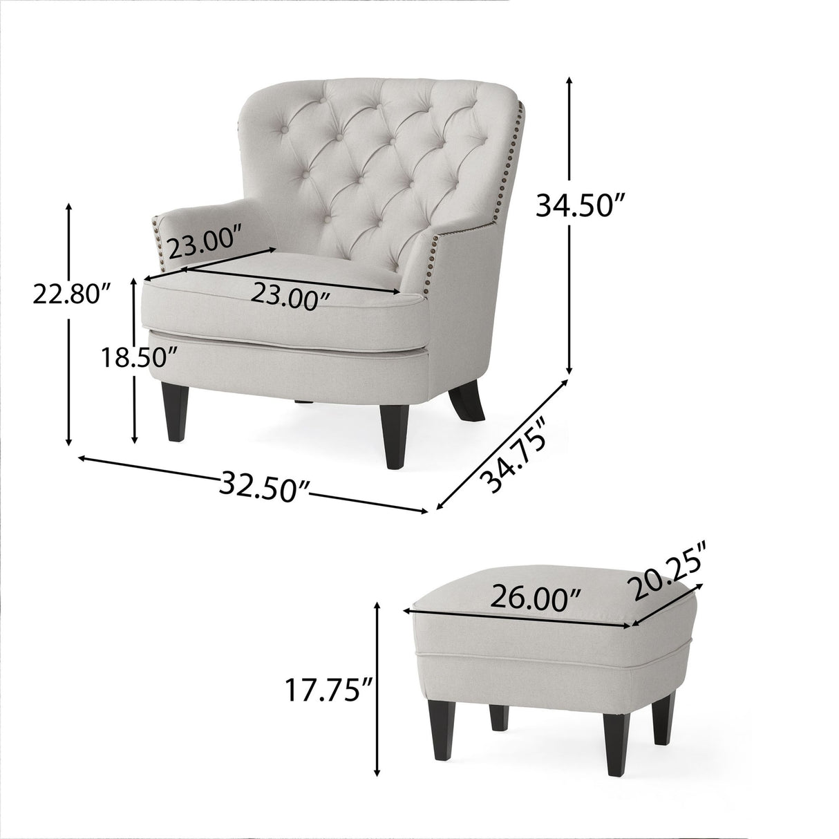 Modern light grey fabric club chair and Ottoman set, stylish cushioned armchair, paired with Ottoman style - V.I.P Digital Presence