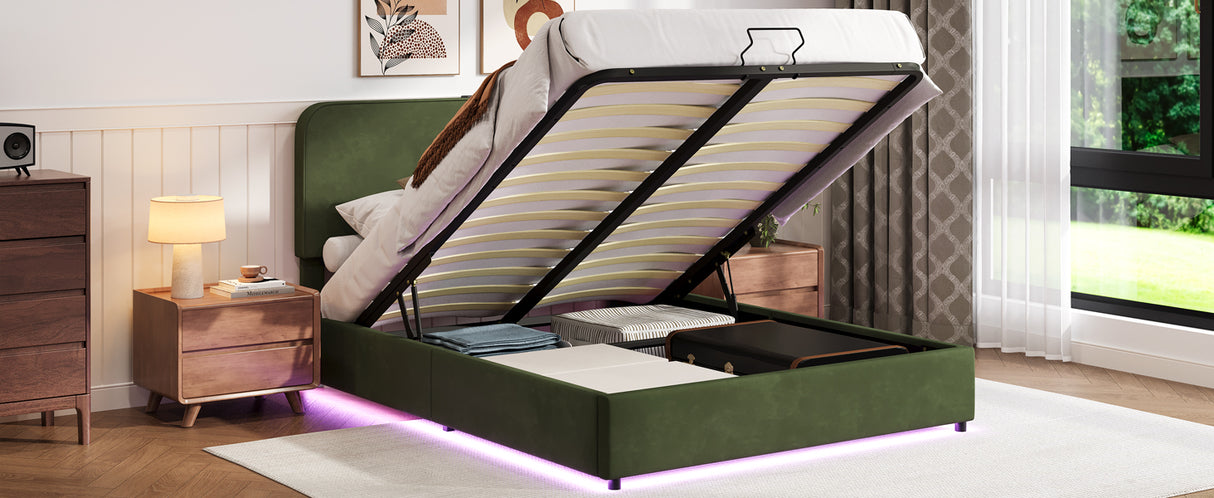 Large hydraulic storage bed with soft cushion lifting storage bed with RGB LED lights, Bluetooth speaker lychee velvet, green - V.I.P Digital Presence