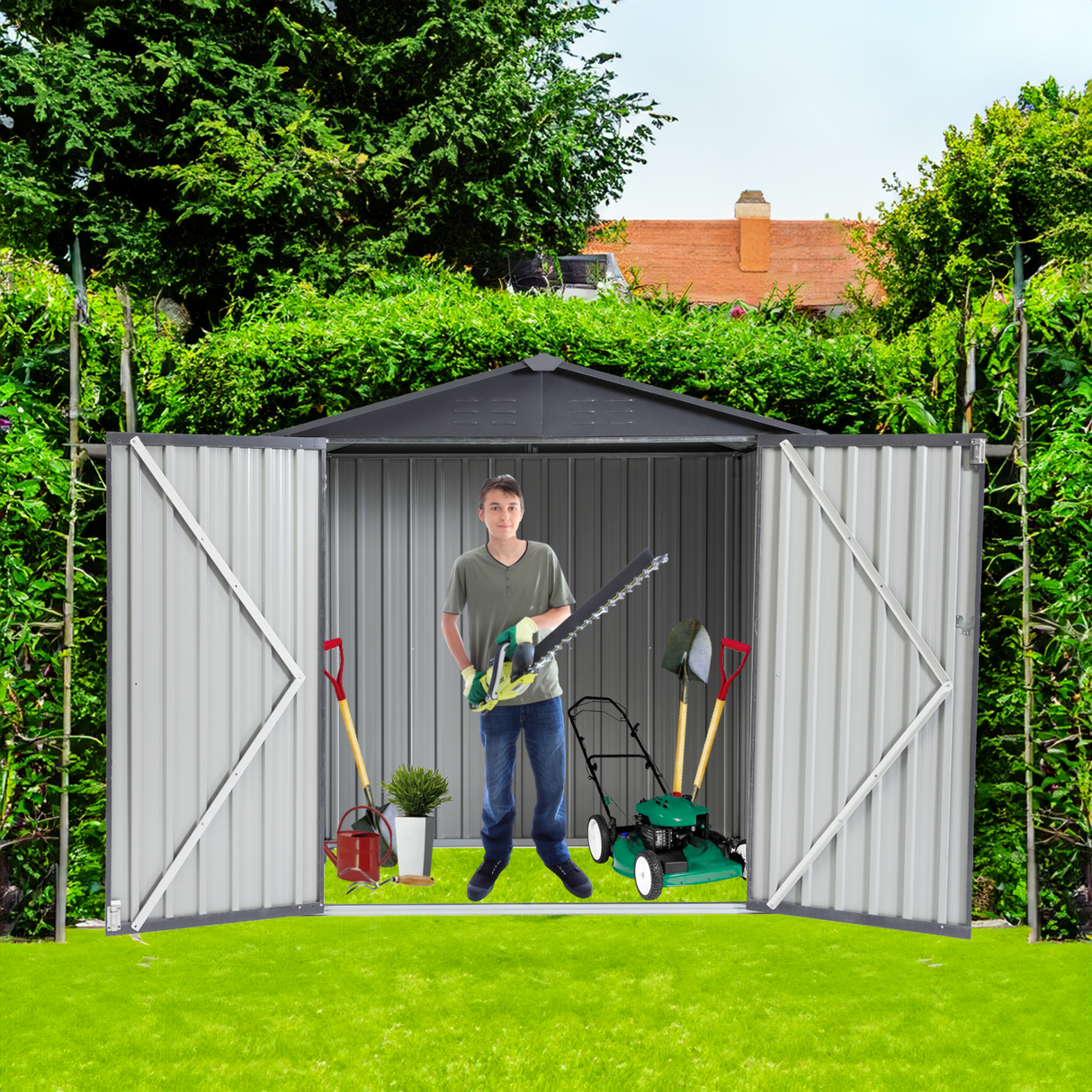 XWT014 Garden Metal Storage Shed Gray White 6x4x6ft outdoor storing tools Rainproof Hinge door version - V.I.P Digital Presence