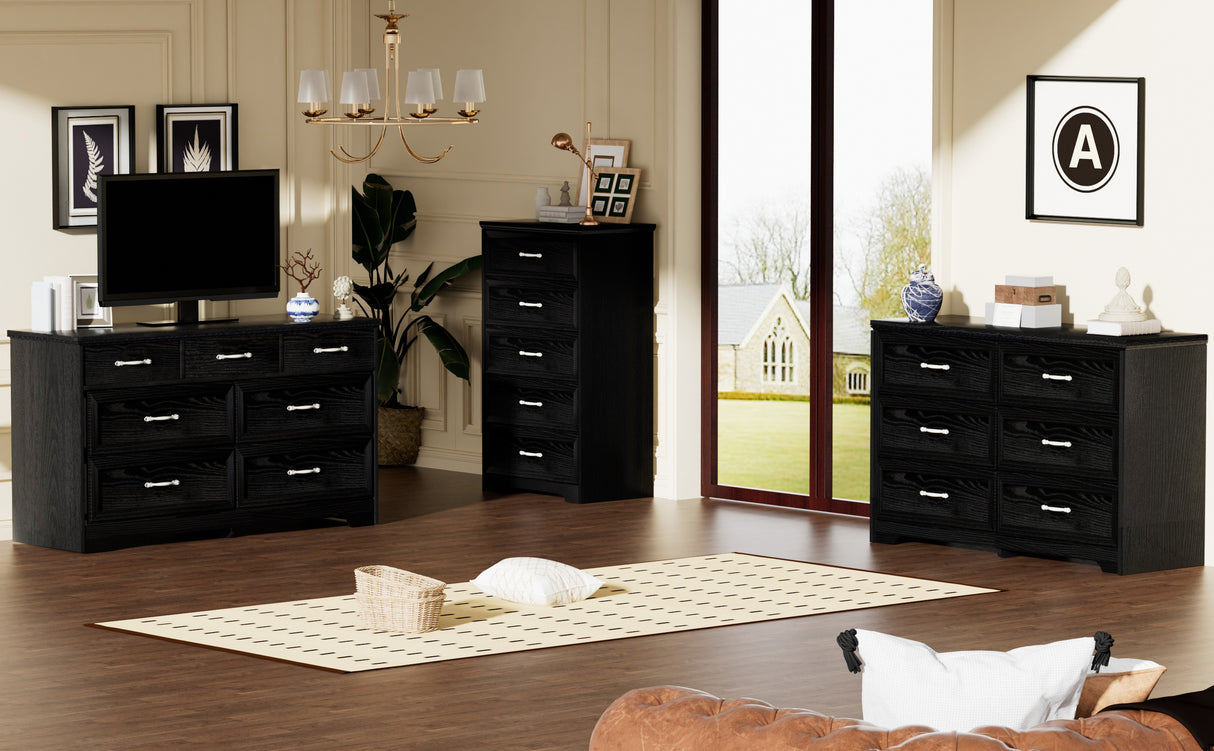 Modern 3 Drawer Bedroom Chest of Drawers with 7 Drawers Dresser, Clothes Organizer -Metal Pulls Black, 47.6″L x 15.7″W x 26.6″H - V.I.P Digital Presence