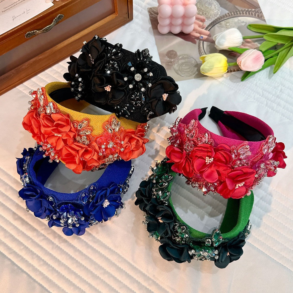 Fashionable solid color fabric flower oversized wide edged crystal headband - V.I.P Digital Presence