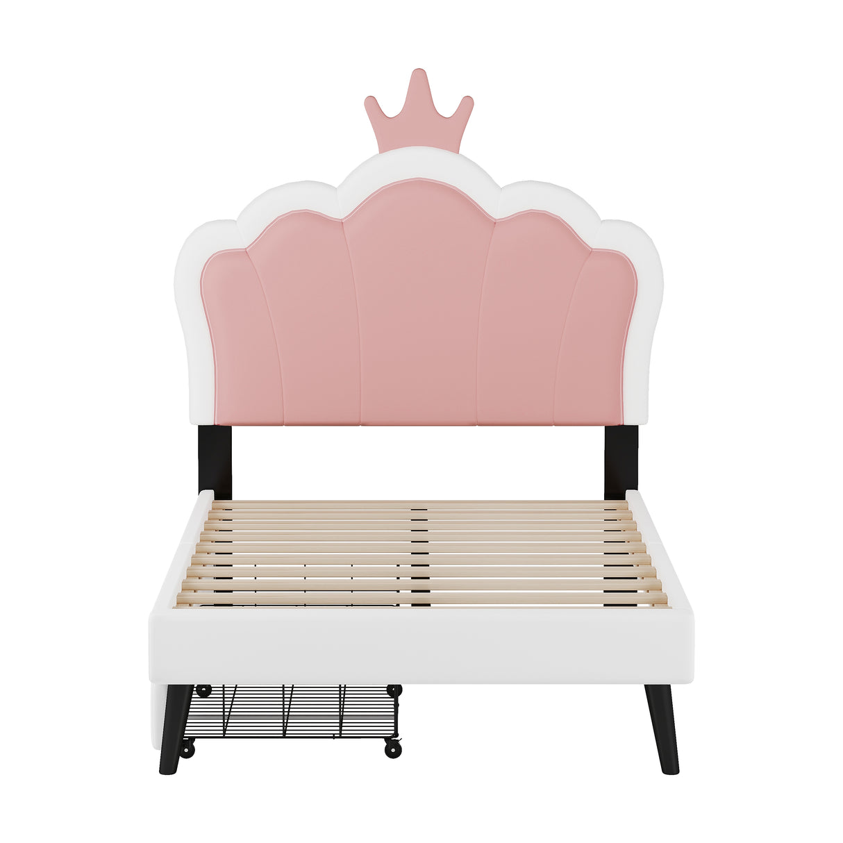 Twin cushion princess bed with crown headboard and 2 drawers with headboard and footrest, pink+white - V.I.P Digital Presence