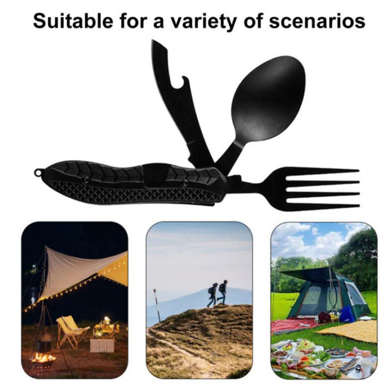 Vajilla de camping multifuncional de acero inoxidable, cuchillo, tenedor y cuchara, herramientas portátiles de supervivencia para comer al aire libre.
