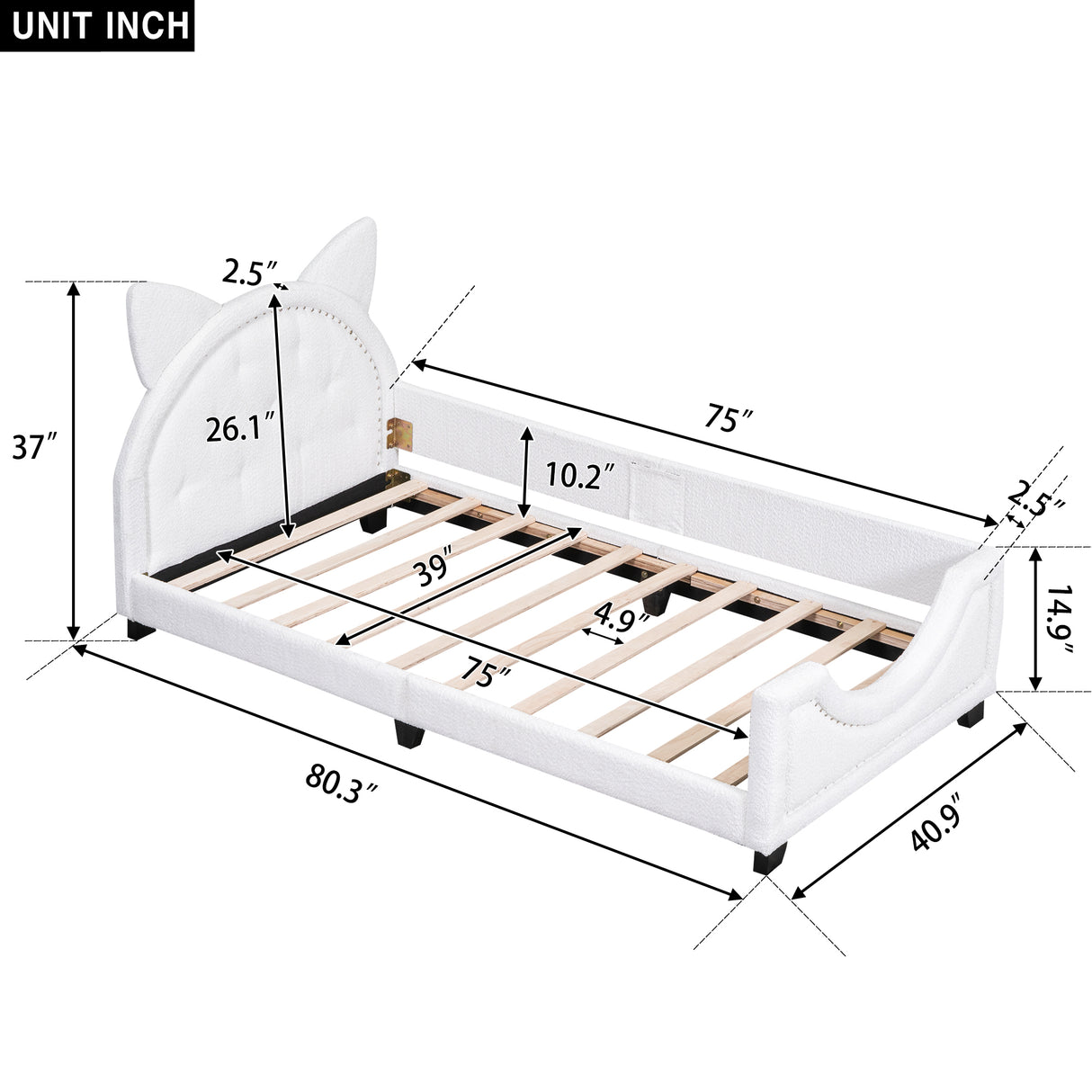 Teddy Fleece Twin Size Upholstered Daybed with Carton Ears Shaped Headboard White