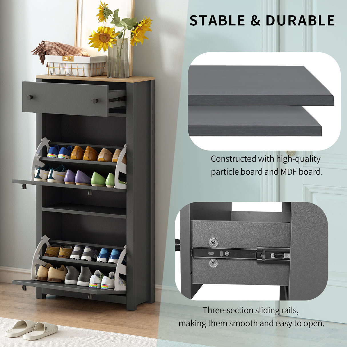 ONTREND functional with 2 flipped drawers, top shoe cabinet with adjustable panel, independent shoe rack, gray - V.I.P Digital Presence