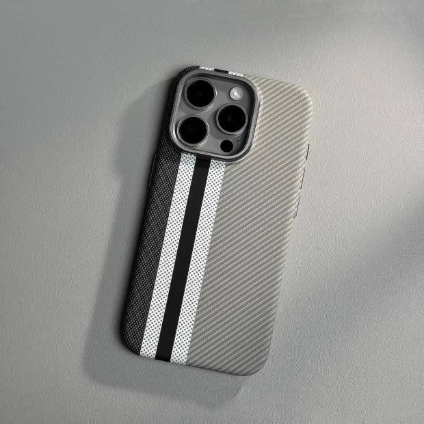 Adecuado para iPhone 15 ProMax, funda rígida magnética con patrón de Kevlar, funda protectora anticaídas con patrón de fibra de carbono 14