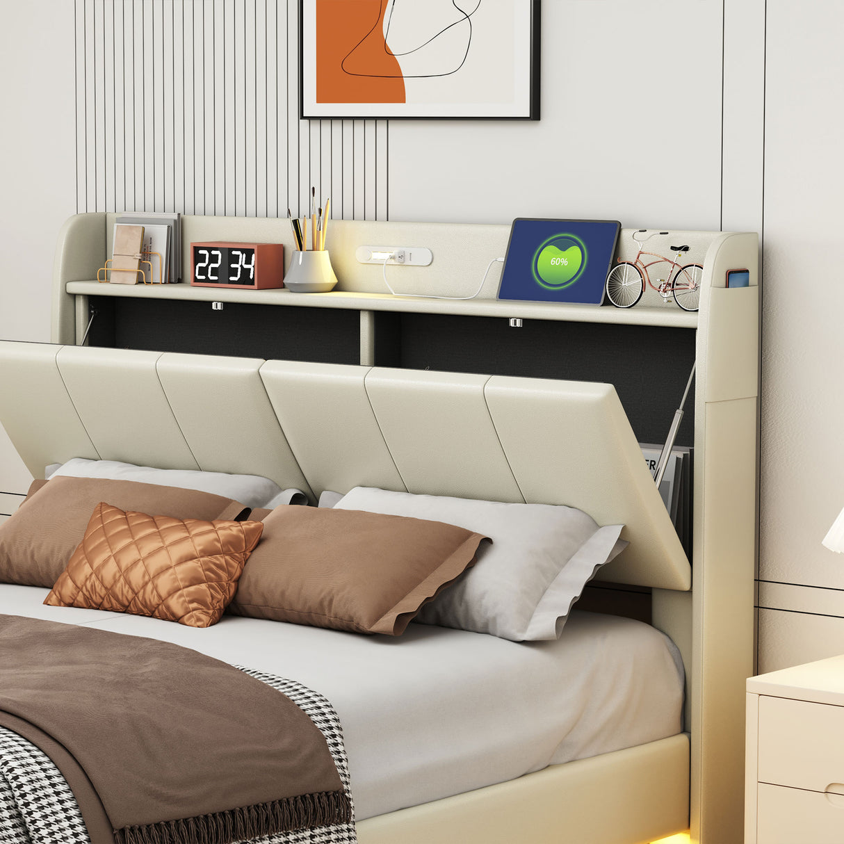 Large floating bed frame with storage headboard, touch sensor, night light and USB charger, padded platform bed, beige color - V.I.P Digital Presence