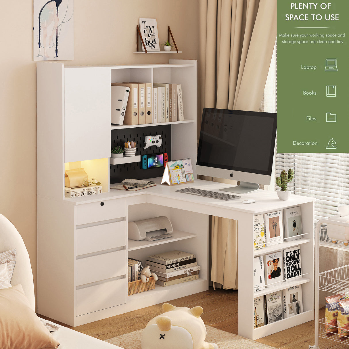 L-shaped office desk with charger, bookshelf with drawers and LED lights, and corner gaming computer desk with storage space - V.I.P Digital Presence