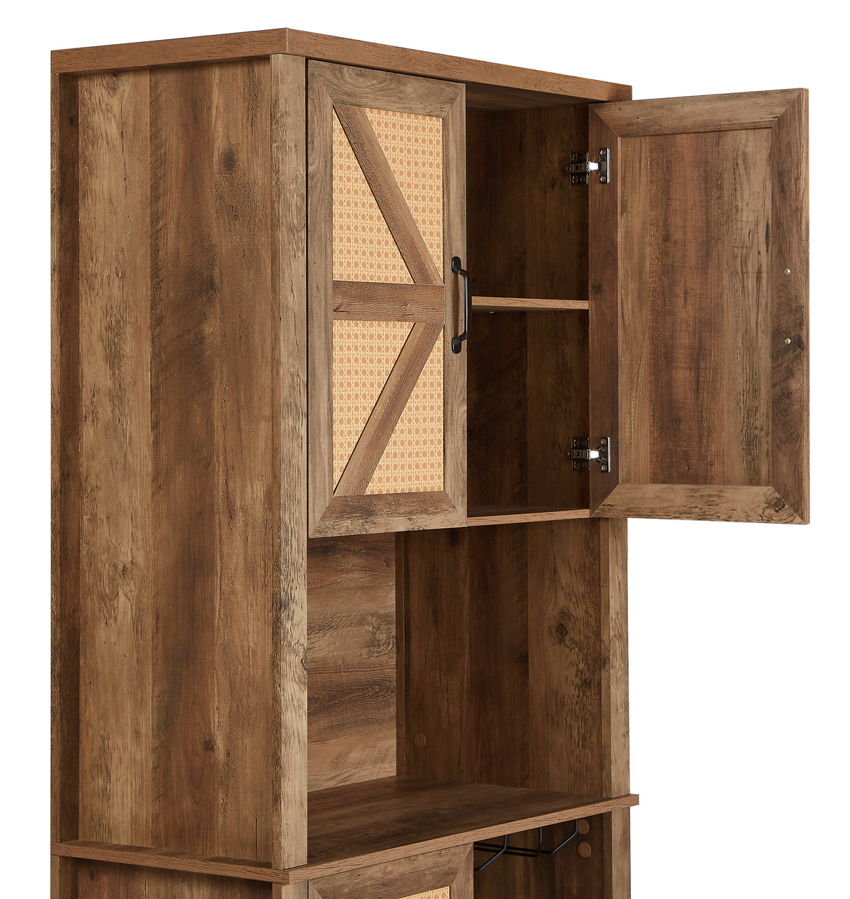 76-Inch Tall Rustic Oak Color Farmhouse Kitchen Faux Rattan Wine Cabinet, Kitchen Bar Cabinet with Square Compartments - V.I.P Digital Presence
