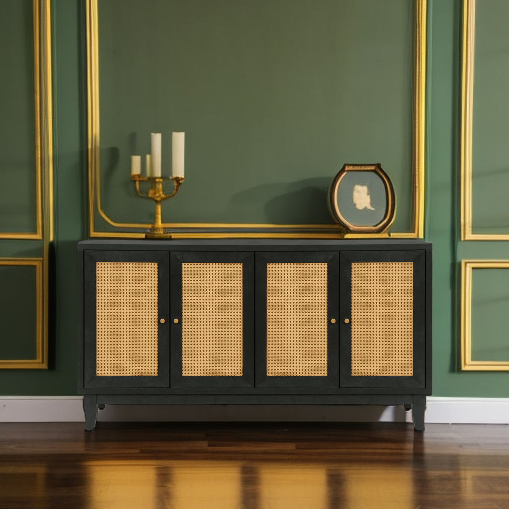 Handcrafted Premium Grain Panels Rattan Sideboard Buffer Cabinet Accent Storage Cabinet With 4 Rattan Doors BLACK - V.I.P Digital Presence