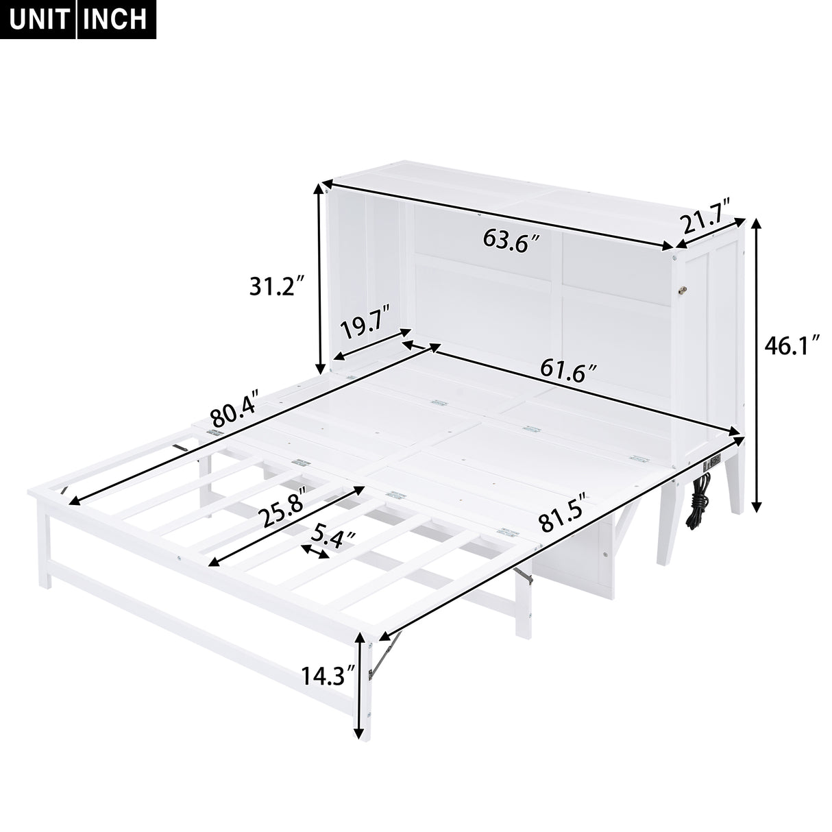 Queen Size Murphy Bed with Built-In Charging Station and a Shelf White