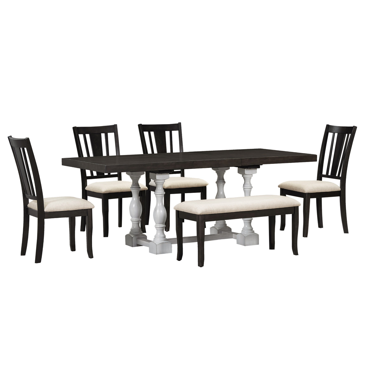 Traditional 6-Piece 78inch Trestle Extendable Dining Table Set with One 18inch Removable Leaf Distressed White - V.I.P Digital Presence