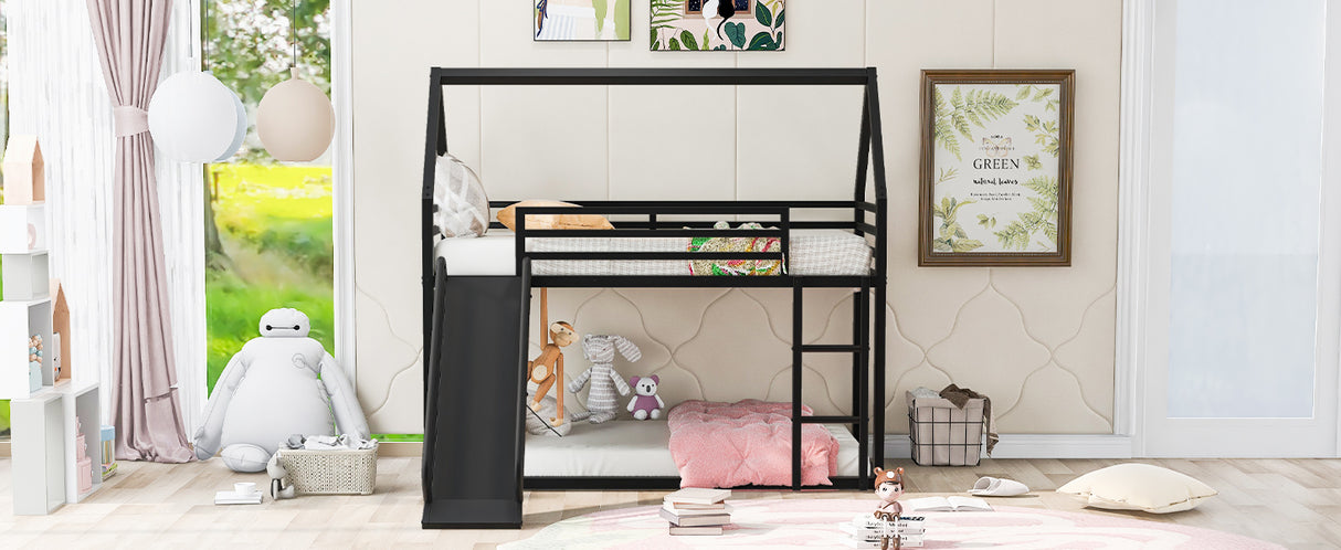 Twin over Twin House Bunk Bed with Ladder and Slide,Black - V.I.P Digital Presence