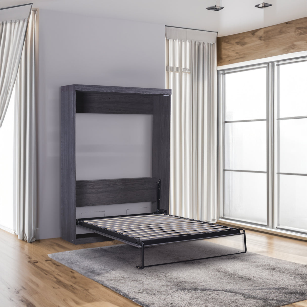Full Size Murphy Bed with Wardrobe and Drawers, Storage Bed, can be Folded into a Cabinet, Gray - V.I.P Digital Presence