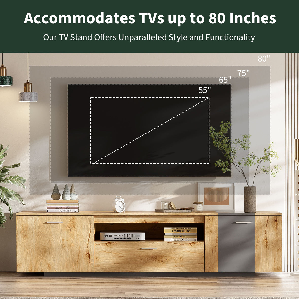 70 inch modern TV stand with 3 cabinets and drawers, entertainment center can accommodate TVs under 80 inches - V.I.P Digital Presence