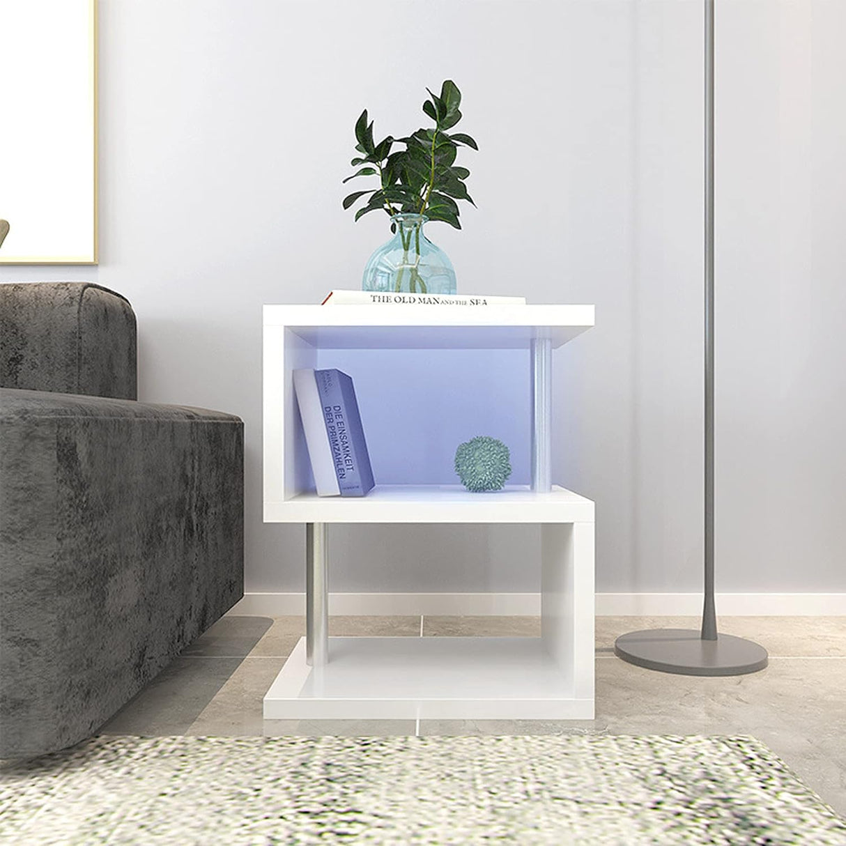 3-layer S-shaped coffee table, high gloss side table with open storage rack and USB power supply, white LED coffee table - V.I.P Digital Presence