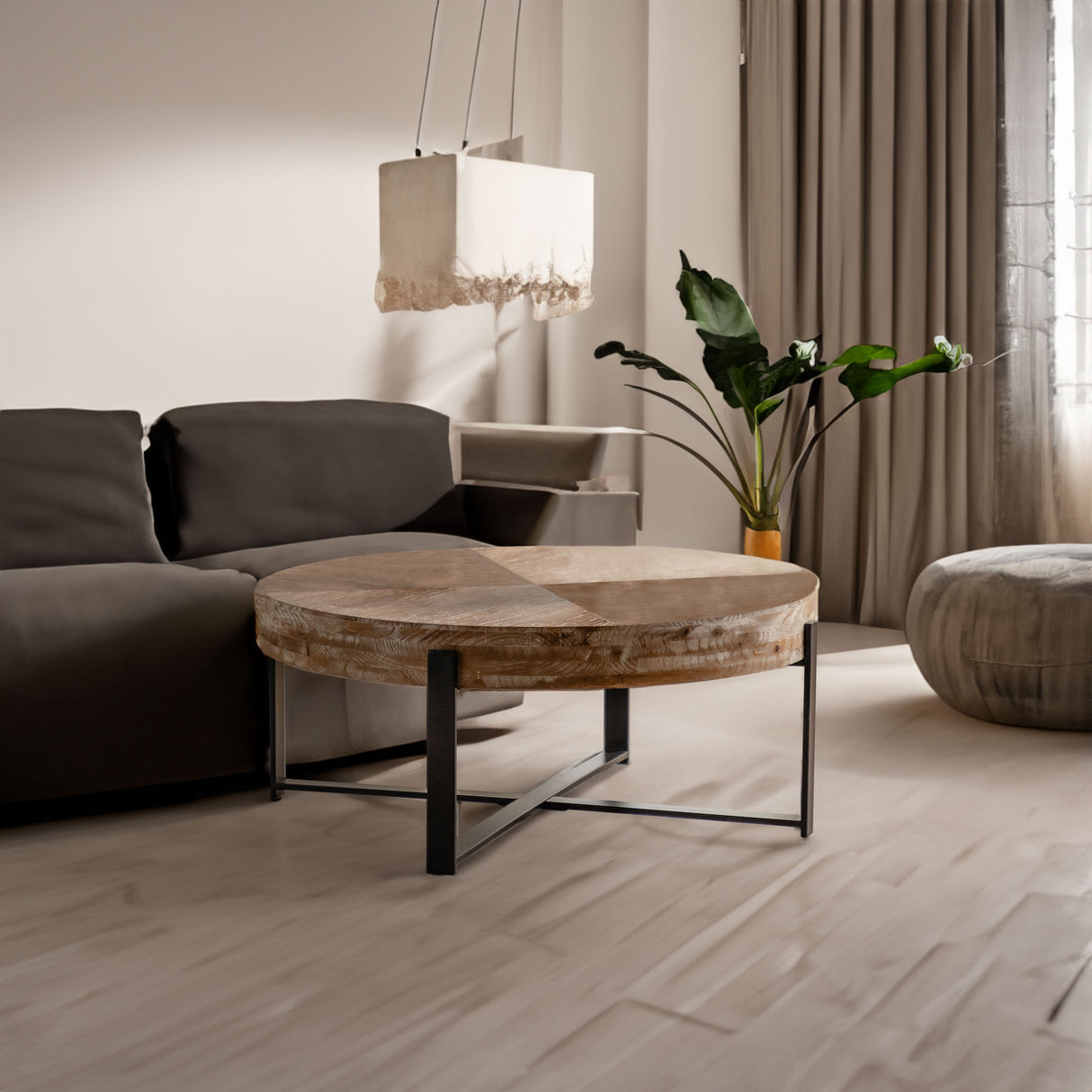 31.29"Modern Retro Splicing Round Coffee Table Fir Wood Table Top with Cross Legs Metal Base(Same SKU:W757123560)