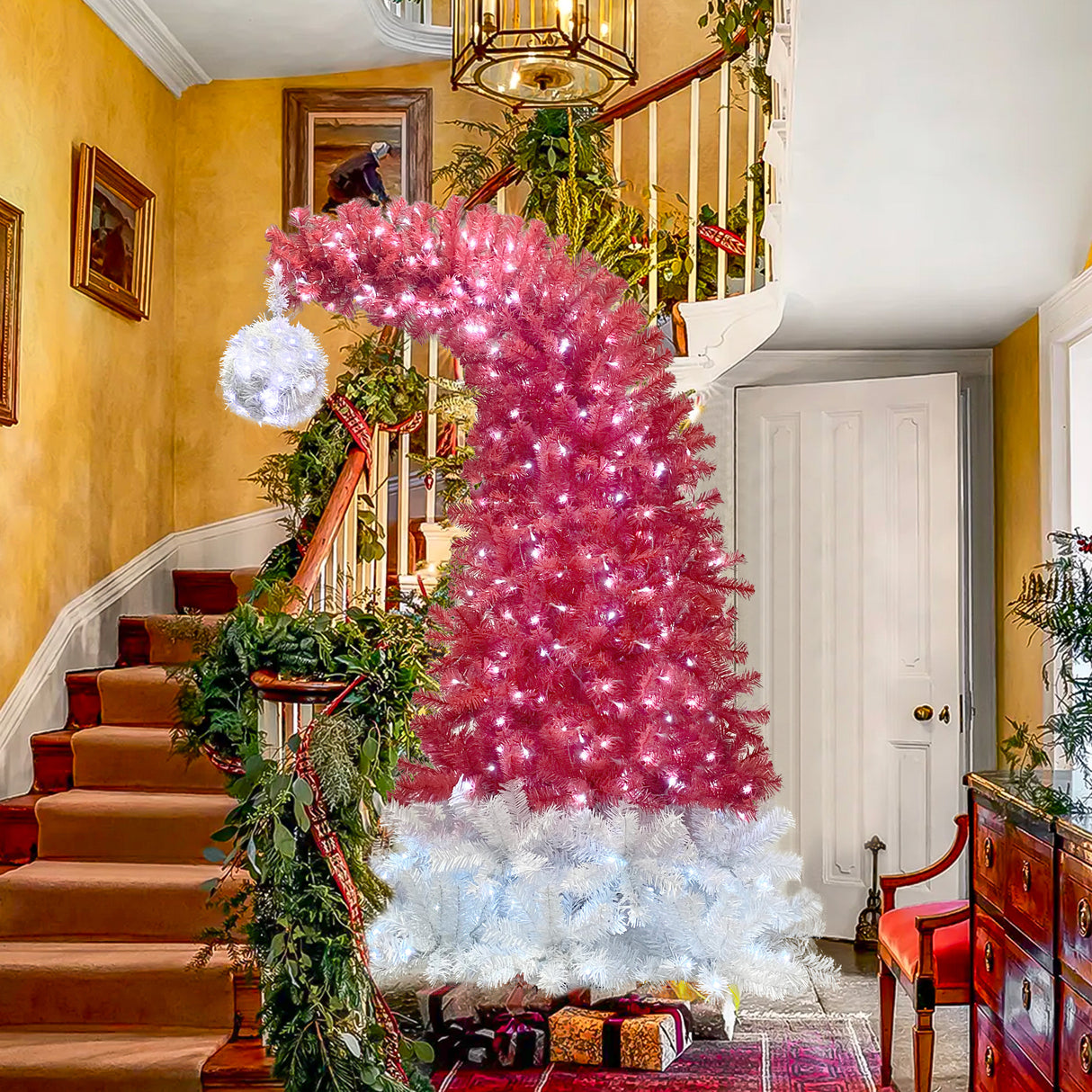 6FT hinge fir artificial fir curved top Christmas tree, bendable, 1250 lush branch hints, 300 LED Christmas lights - V.I.P Digital Presence