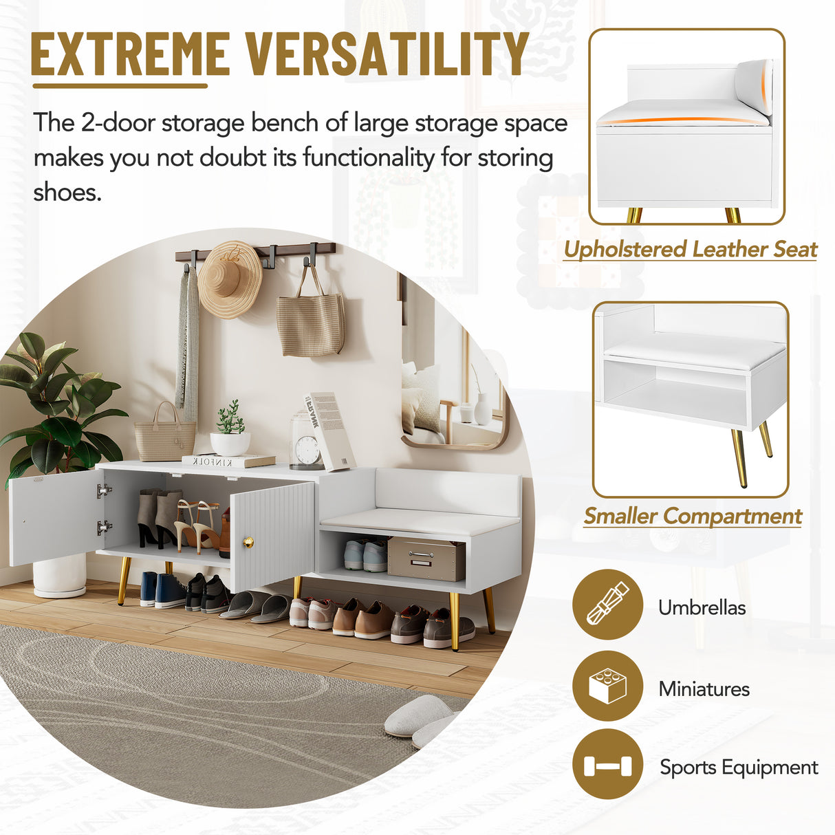 Modern Shoe Storage Bench with Hidden Storage and Upholstered Cushions for Bedside, Living Room and Entryway (White) - V.I.P Digital Presence