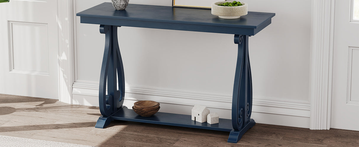48-Inch Rustic Vintage Console Table --- Farmhouse Style Entryway Table with Open Shelf and Sturdy Construction (Navy) - V.I.P Digital Presence