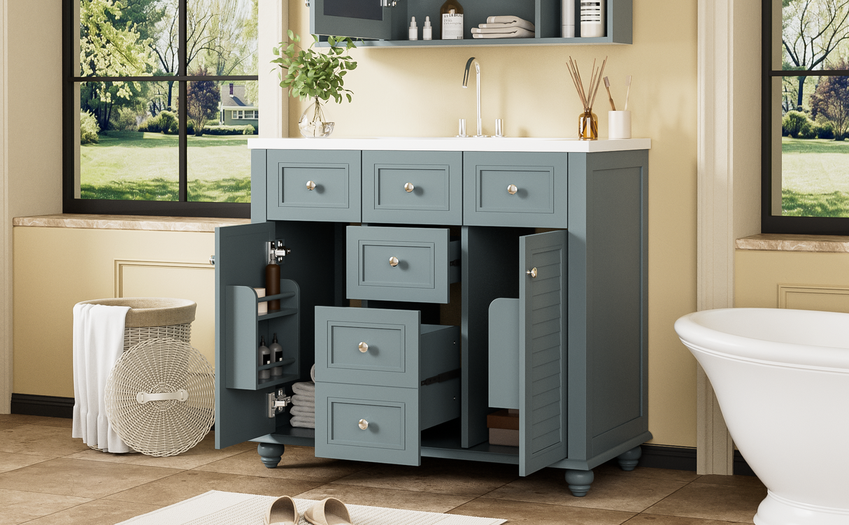 36 "bathroom makeup cabinet with resin sink combination and 2 drawers, with soft closing door, blue color - V.I.P Digital Presence