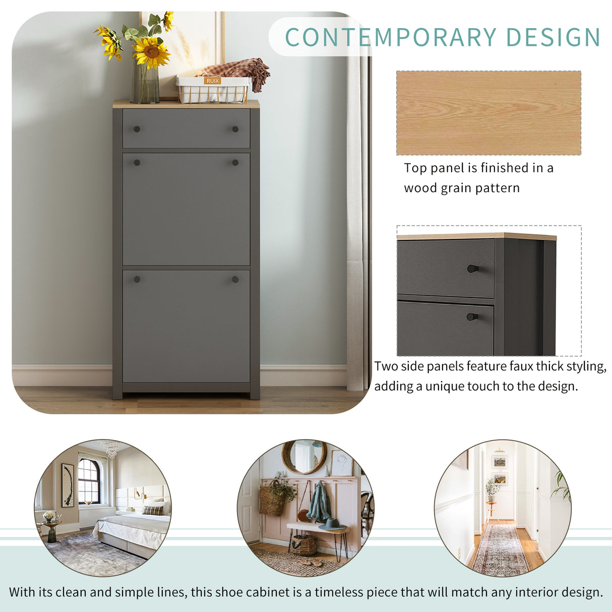 ONTREND functional with 2 flipped drawers, top shoe cabinet with adjustable panel, independent shoe rack, gray - V.I.P Digital Presence