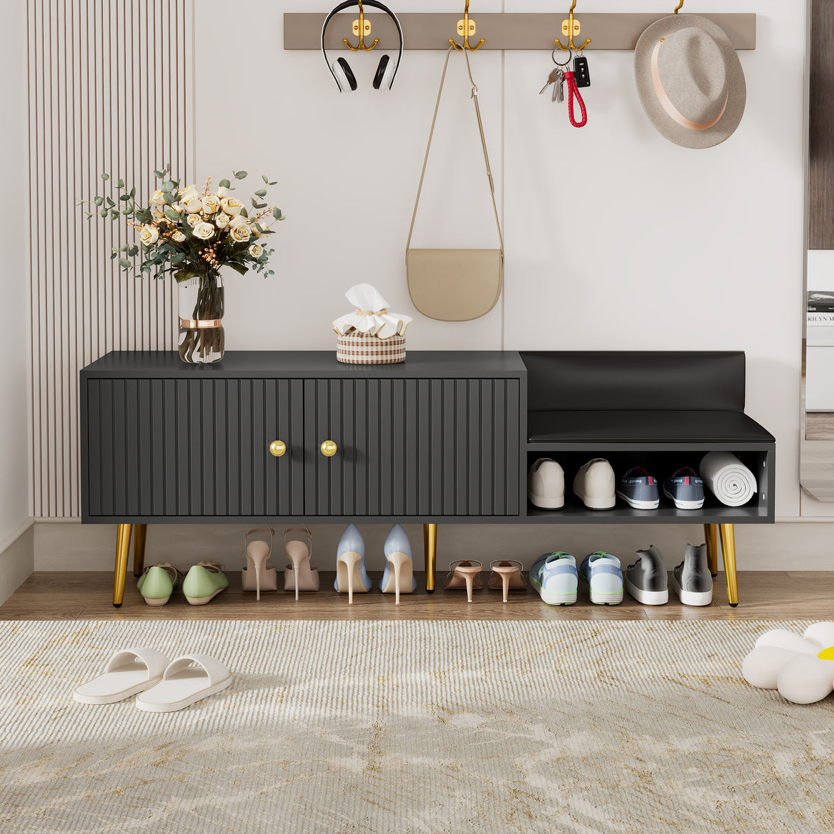 Modern Shoe Storage Bench with Hidden Storage and Upholstered Cushions for Bedside, Living Room and Entryway (Gray) - V.I.P Digital Presence