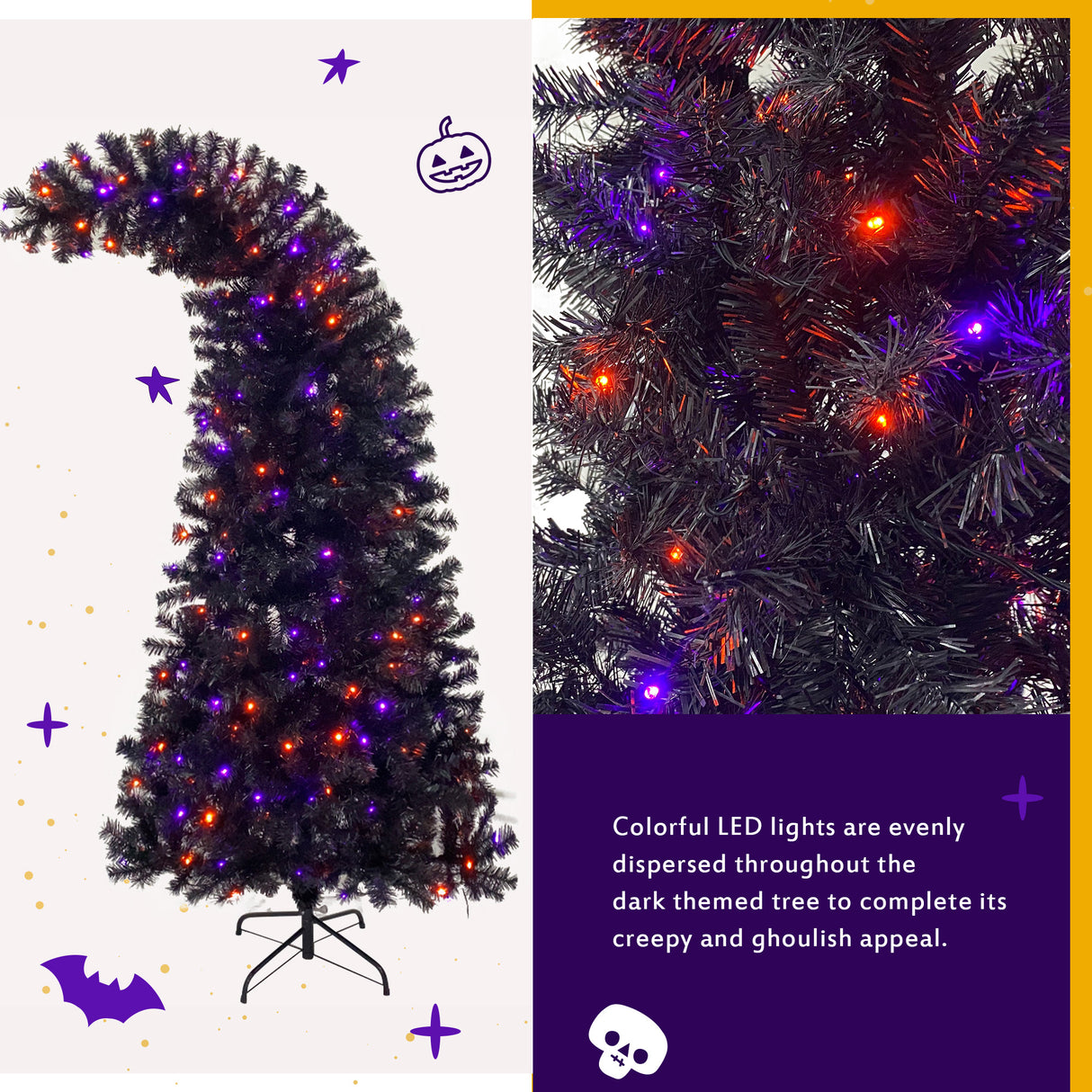 6FT artificial fir curved top Halloween tree, with 1080 lush branch tips and 300 LED lights in a Christmas and Halloween style - V.I.P Digital Presence