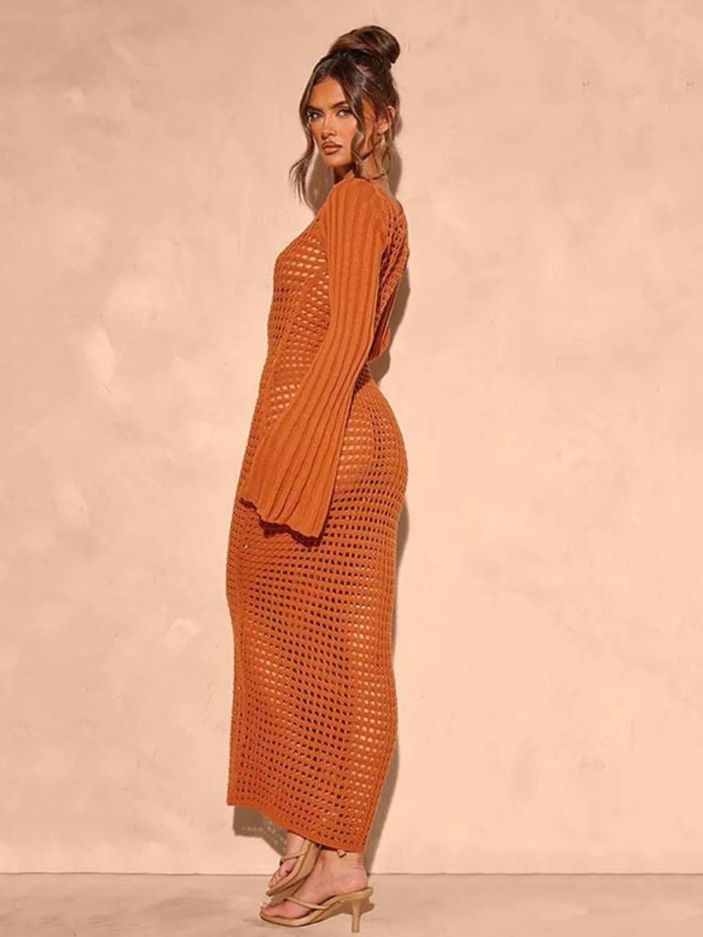 Openwork Square Neck Flare Sleeve Cover-Up Dress - V.I.P Digital Presence