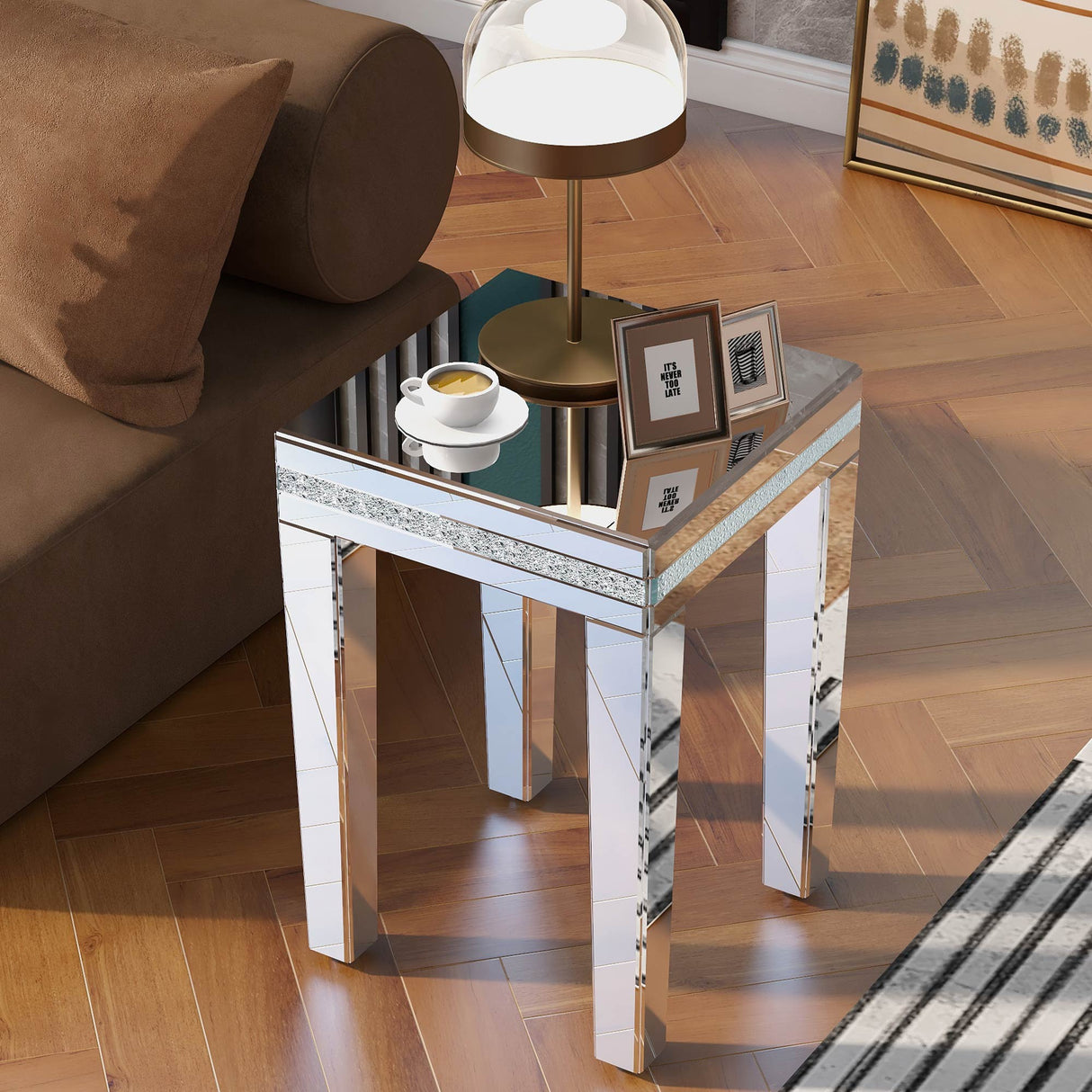 ON-TRANS glass mirror edge table, easy to assemble crystal design and adjustable height leg edge table, silver - V.I.P Digital Presence