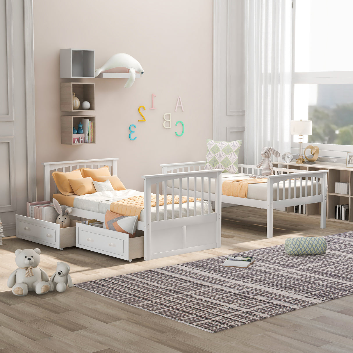 Twin over Twin Bunk Bed with Drawers Convertible Beds White
