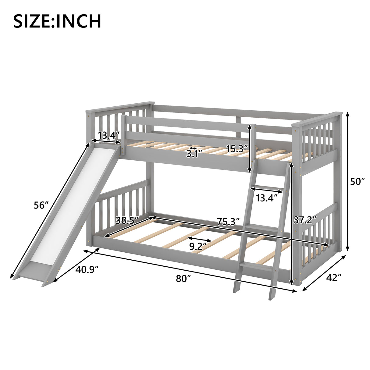 Twin over Twin Bunk Bed with Convertible Slide and Ladder Gray