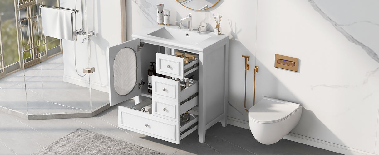 30" Bathroom Vanity with Sink, Bathroom Vanity Cabinet with Three Drawers and Door, Solid Wood and MDF, White - V.I.P Digital Presence