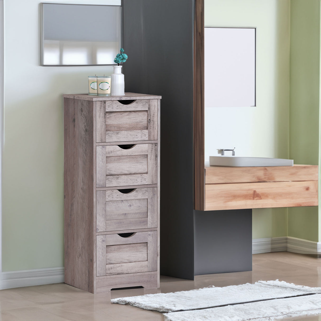 Floor Cabinet Wooden Storage Cabinet Home Office Living Room Bathroom Side Table Sturdy Modern 4 Drawers Grey - V.I.P Digital Presence