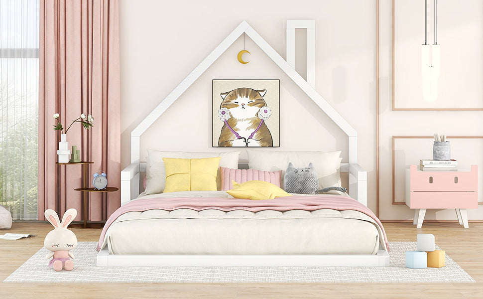 Full Size Wood Floor Bed with House-shaped Headboard White