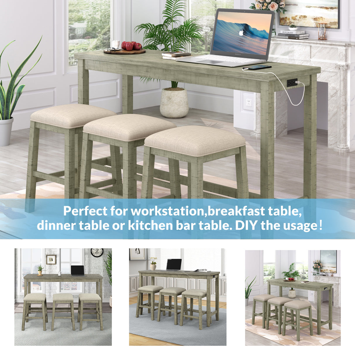TOPMAX 4 Pieces Counter Height Table with Fabric Padded Stools,Rustic Bar Dining Set with Socket,Gray Green - V.I.P Digital Presence