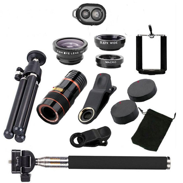 10 in 1 Kits 12x Zoom Telephoto Lens Fish eye Lens Wide Angle Macro Lenses Cell Phone Mobile Tripod - V.I.P Digital Presence