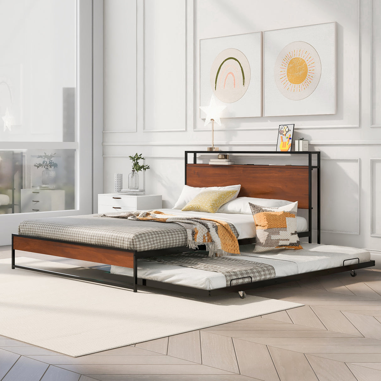 Queen Size Metal Platform Bed Frame with Trundle, USB Ports and Slat Support ,No Box Spring Needed Black - V.I.P Digital Presence