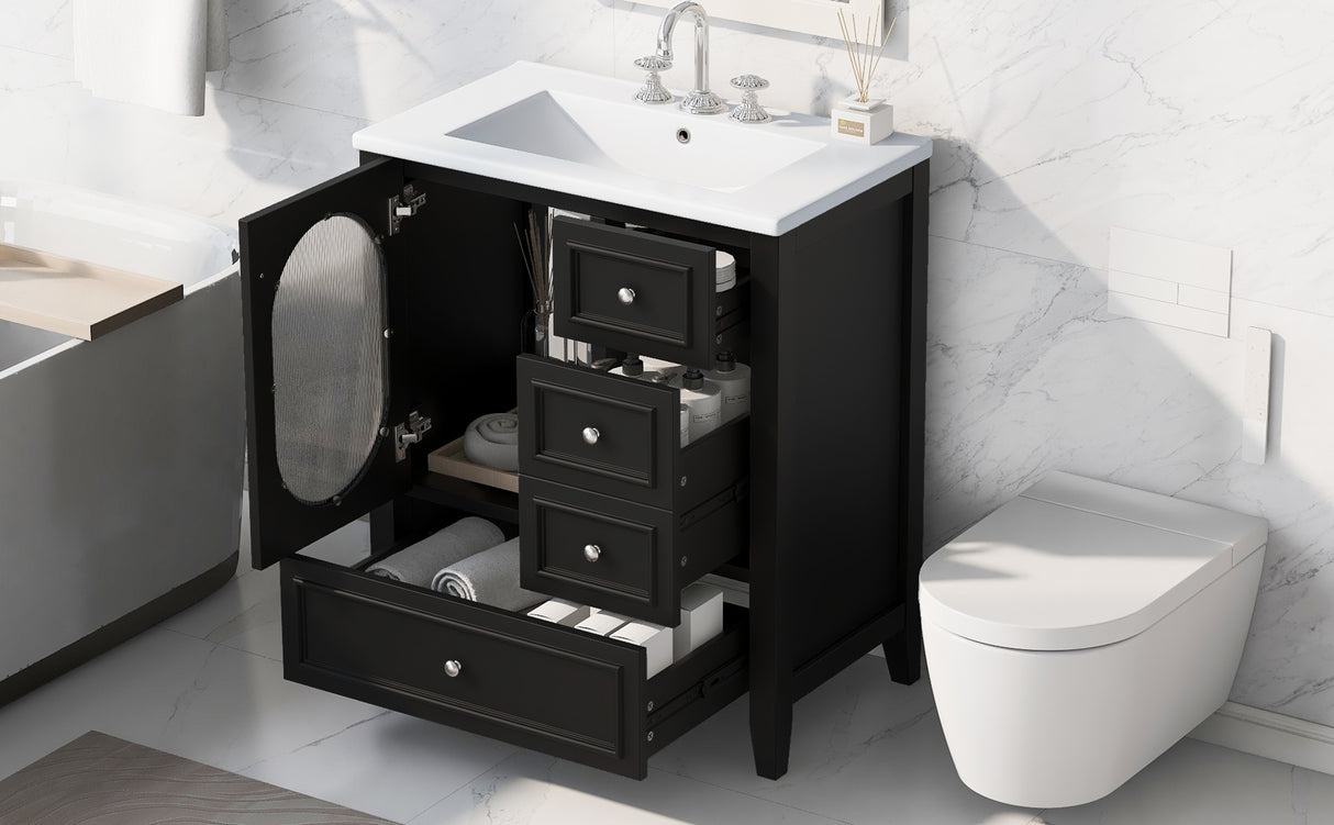 30" Bathroom Vanity with Sink, Bathroom Vanity Cabinet with Three Drawers and Door, Solid Wood and MDF, Black - V.I.P Digital Presence