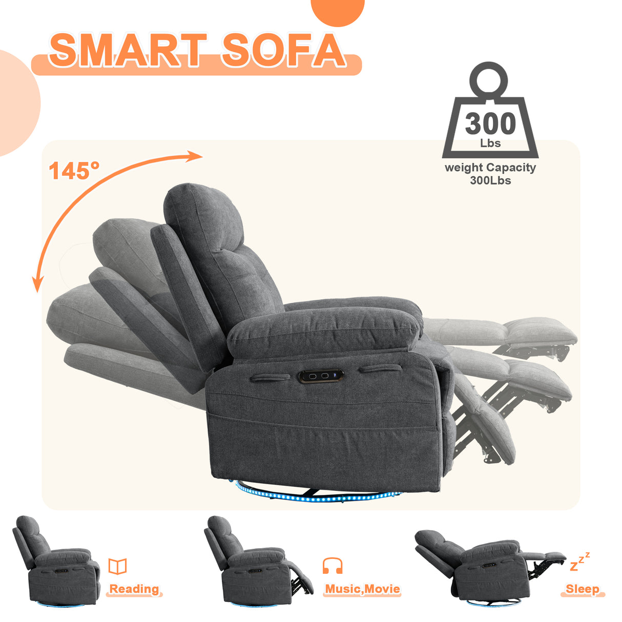 270 degree rotating electric lounge chair with Bluetooth speaker, LED light, telescopic foot pedal adjustable backrest DG - V.I.P Digital Presence