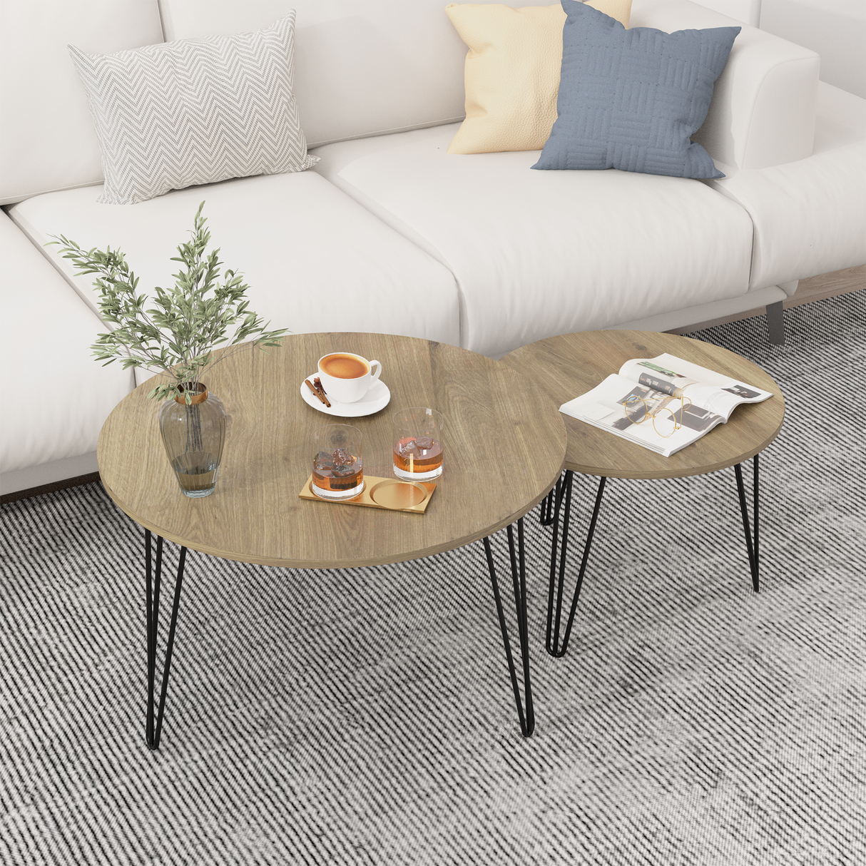 27.56'' Round Nesting Coffee Table Set of 2, Circular Nesting End Table Set Sturdy Metal Base for Living Room, bedroom, Brown - V.I.P Digital Presence