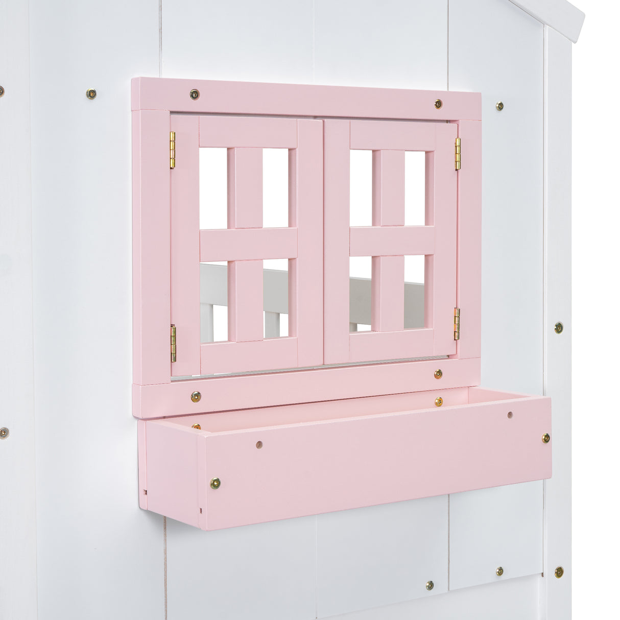 Twin over Twin House Bunk Bed with Roof , Window, Window Box, Door , with Safety Guardrails and Ladder, Pink/White - V.I.P Digital Presence