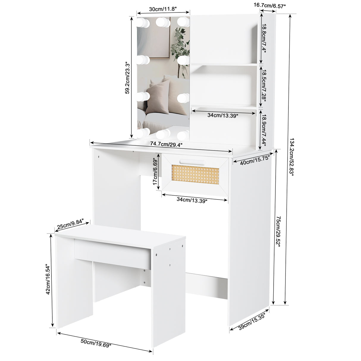 Vanity Desk Set Stool & Dressing Table with LED Lighting Mirror Drawer and Wood Cosmetic Table Chest of Drawers White Color - V.I.P Digital Presence